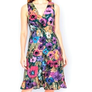 Anthropology Plenty by Ellen Tracy XS Colorful Floral V-Neck Wrap-Look Dress